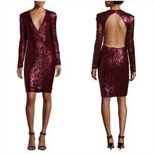 Fame and Partners Open Back Dark Red Sequin Midi Cocktail Dress Size 8